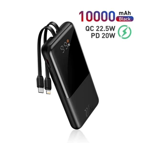 Baseus 22.5W Power Bank 10000mAh with 5A 20W PD Portable Fast Charging Built-in 2 Cables For iPhone