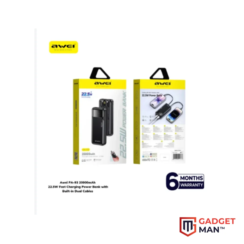 Awei PA-93 20000mAh 22.5W Power Bank with Built in Cables