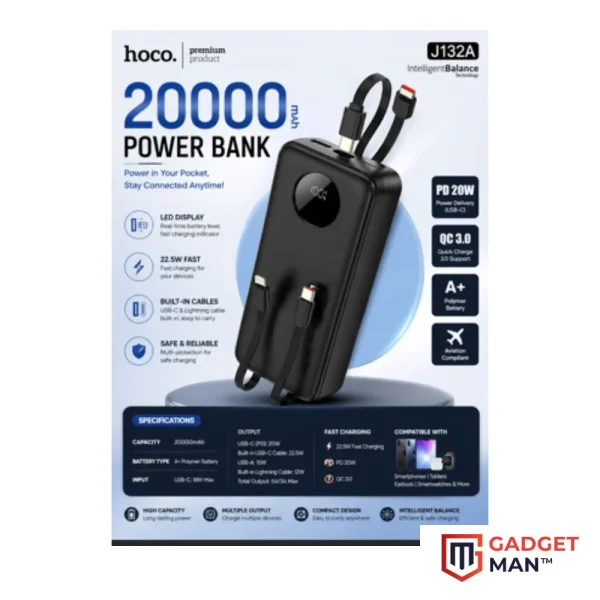 HOCO J132A 20000mAh Power Bank with Built-in Cables & 22.5W Fast Charging