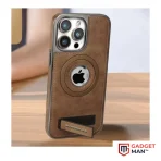 Metal MagSafe Jinduka Original Leather Stand Logo Hole Leather Case PU Leather Electroplated Bezel Case