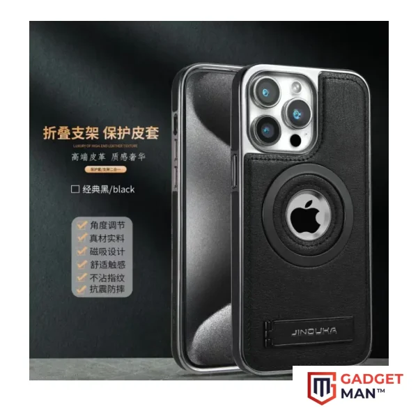 Metal MagSafe Jinduka Stand Logo Hole Leather Case PU Leather Electroplated Bezel Case