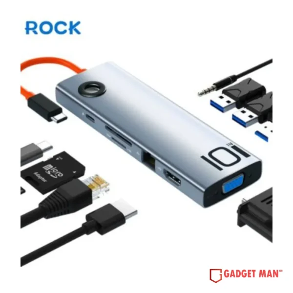Rock TR30 10in1 Type-C To HDMI VGA Audio USB 3.0 SD TF LAN PD Docking Station Hub