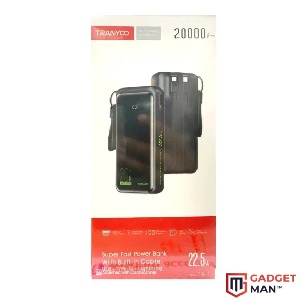 Tranyoo TK17 20000 mAh 22.5W Super Fast Power Bank With Built-in Cable USB+Type C+Lightning